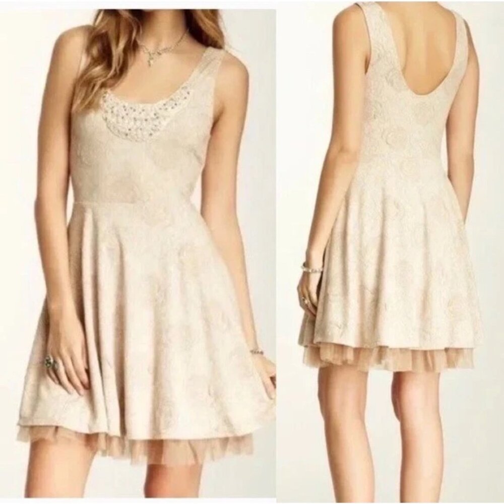 Free People Rock Princess Jacquard Fit and Flare Mini Dress Sz XS Womens Cream T
